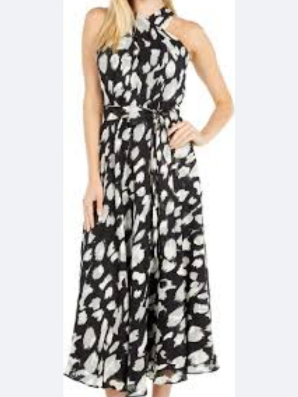 Tahari Black & White Printed Halter Midi Dress